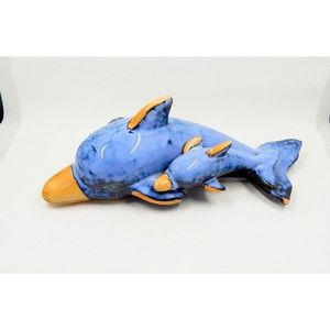Pottery Ceramic Drip Glazed Blue Dolphin Momma and Baby Nautical Figurine Statue